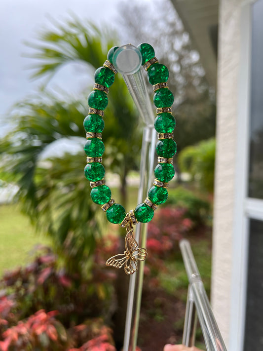 Emerald Green Butterfly Glass Beaded Bracelet